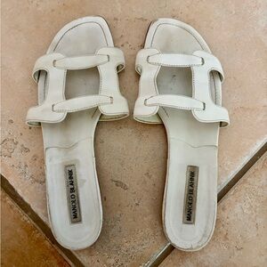 Manolo Blahnik White Leather Flats Slides Sandals sz 39